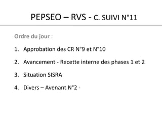 PEPSEO – RVS - C. SUIVI N°11 Ordre du jour: Approbation des CR N°9 et N°10 Avancement - Recette interne des phases 1 et 2 Situation SISRA  Divers – Avenant N°2 -  
