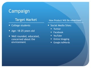 Campaign Target Market College students Age: 18-25 years old Well rounded, educated, concerned about the environment How Product Will Be Advertised Social Media Sites: Twitter Facebook YouTube Online blogging Google AdWords 