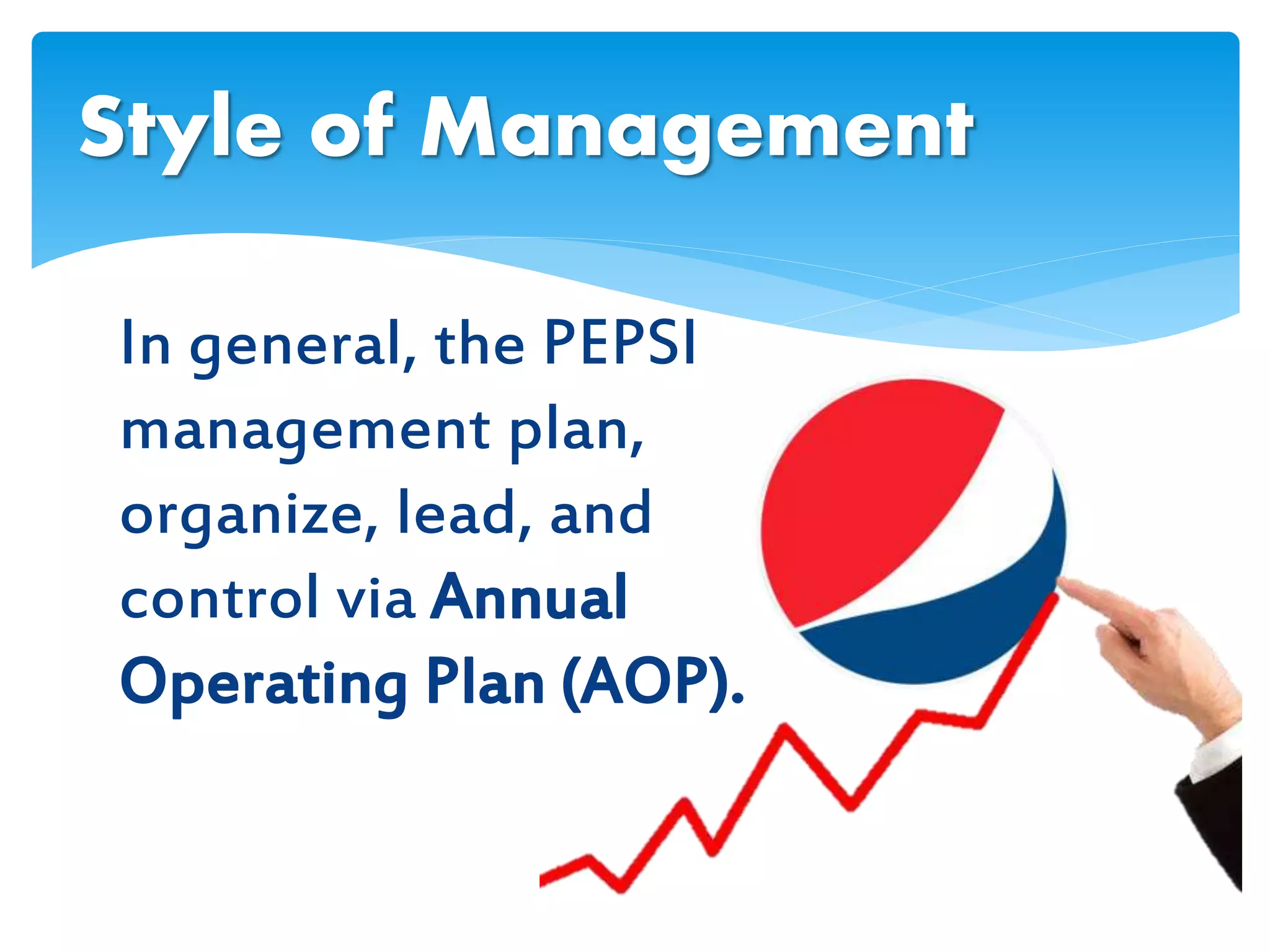 In general, the PEPSI
management plan,
organize, lead, and
control via Annual
Operating Plan (AOP).
Style of Management
 