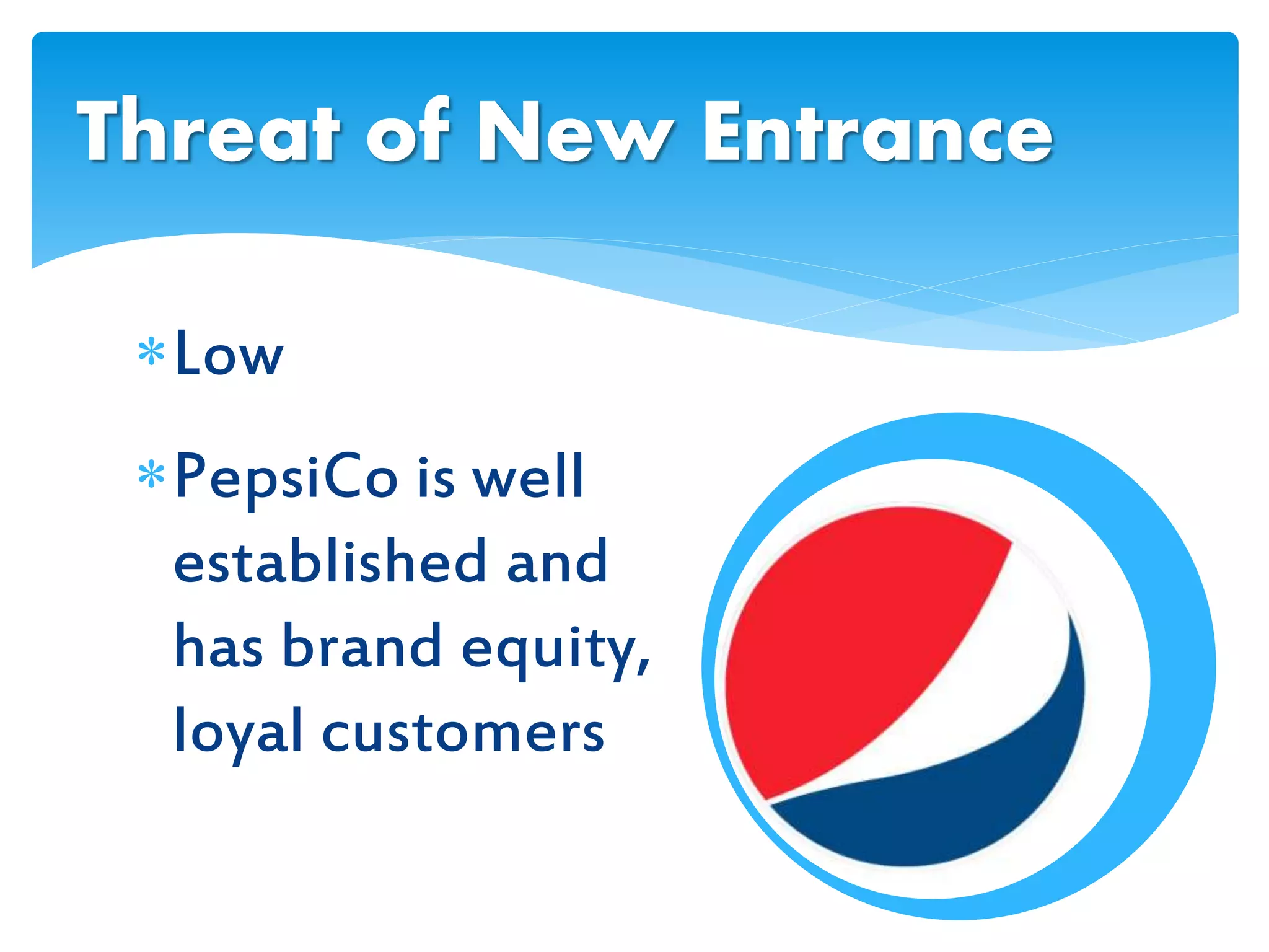Low
PepsiCo is well
established and
has brand equity,
loyal customers
Threat of New Entrance
 