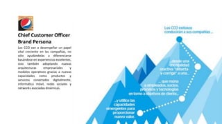 Los CCO van a desempeñar un papel
vital creciente en las compañías, no
sólo ayudándolas a diferenciarse
basándose en experiencias excelentes,
sino también adoptando nuevas
arquitecturas empresariales y
modelos operativos gracias a nuevas
capacidades como productos y
servicios conectados digitalmente,
informática móvil, redes sociales y
networks asociadas dinámicas.
Chief Customer Officer
Brand Persona
 