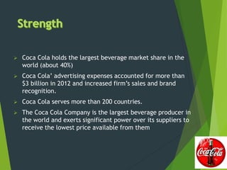  Coca Cola holds the largest beverage market share in the
world (about 40%)
 Coca Cola’ advertising expenses accounted for more than
$3 billion in 2012 and increased firm’s sales and brand
recognition.
 Coca Cola serves more than 200 countries.
 The Coca Cola Company is the largest beverage producer in
the world and exerts significant power over its suppliers to
receive the lowest price available from them
 