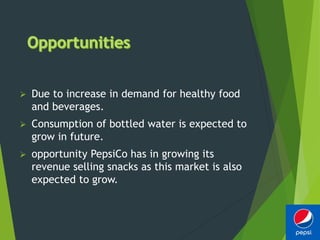  Due to increase in demand for healthy food
and beverages.
 Consumption of bottled water is expected to
grow in future.
 opportunity PepsiCo has in growing its
revenue selling snacks as this market is also
expected to grow.
 