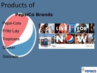 Products of
PepsiCo Brands
Pepsi-Cola

Frito Lay
Tropicana
Quaker
Gatorade

 