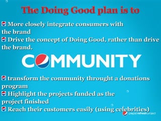 More closely integrate consumers with
the brand
  Drive the concept of Doing Good, rather than drive
the brand.




  transform the community throught a donations
program
  Highlight the projects funded as the
project finished
  Reach their customers easily (using celebrities)
 
