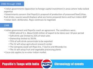 1986 through 1988
  • Indian governments Opposition to foreign capital investment in areas where India lacked
  expertise
  • Governments concern that PepsiCo's proposal of production of processed food (chips,
  fruit drinks, sauces) would displace what are home prepared items and hurt India’s BOP
  • Indian Govt. deliberates. Pepsi continues to negotiate

  1988
  • Indian government and PepsiCo reach an agreement. The conditions were:
        • EXIM ratio of 5:1. About $150 million of export to be done over 10 year period
        • Soft drink sale limited to 25% of total sales
        • Ownership limited to 39.9%
        • 75% of soft-drink concentrate to be exported
        • The JV will setup agricultural research center
        • The company could sell Pepsi Era, 7-Up Era and Miranda Era
        • The JV will setup fruit and vegetable processing plants
  • Coca-cola applies to re-enter Indian market.
 