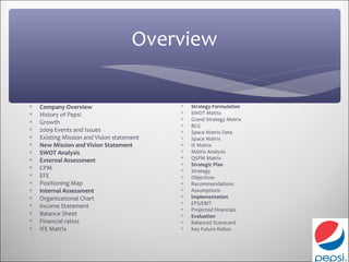 Overview

∗   Company Overview                        ∗   Strategy Formulation
∗   History of Pepsi                        ∗   SWOT Matrix
                                            ∗   Grand Strategy Matrix
∗   Growth                                  ∗   BCG
∗   2009 Events and Issues                  ∗   Space Matrix Data
∗   Existing Mission and Vision statement   ∗   Space Matrix
∗   New Mission and Vision Statement        ∗   IE Matrix
∗   SWOT Analysis                           ∗   Matrix Analysis
∗                                           ∗   QSPM Matrix
    External Assessment
                                            ∗   Strategic Plan
∗   CPM                                     ∗   Strategy
∗   EFE                                     ∗   Objectives
∗   Positioning Map                         ∗   Recommendations
∗   Internal Assessment                     ∗   Assumptions
∗   Organizational Chart                    ∗   Implementation
                                            ∗   EPS/EBIT
∗   Income Statement
                                            ∗   Projected Financials
∗   Balance Sheet                           ∗   Evaluation
∗   Financial ratios                        ∗   Balanced Scorecard
∗   IFE Matrix                              ∗   Key Future Ratios
 