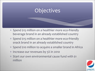 Objectives


∗ Spend $15 million on a healthier more eco-friendly
  beverage brand in an already established country
∗ Spend $15 million on a healthier more eco-friendly
  snack brand in an already established country
∗ Spend $10 million to acquire a smaller brand in Africa
∗ Increase our revenues by 5% in 2010
∗ Start our own environmental cause fund with $1
  million
 