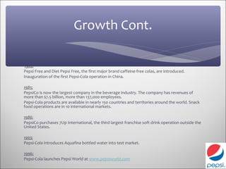 Growth Cont.

 1982:
Pepsi Free and Diet Pepsi Free, the first major brand caffeine-free colas, are introduced.
Inauguration of the first Pepsi-Cola operation in China.

1985:
PepsiCo is now the largest company in the beverage industry. The company has revenues of
more than $7.5 billion, more than 137,000 employees.
Pepsi-Cola products are available in nearly 150 countries and territories around the world. Snack
food operations are in 10 international markets.

1986:
PepsiCo purchases 7Up International, the third largest franchise soft drink operation outside the
United States.

1993:
Pepsi-Cola introduces Aquafina bottled water into test market.

1996:
Pepsi-Cola launches Pepsi World at www.pepsiworld.com
 