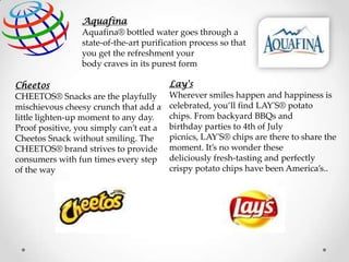 Aquafina
Aquafina® bottled water goes through a
state-of-the-art purification process so that
you get the refreshment your
body craves in its purest form
Cheetos
CHEETOS® Snacks are the playfully
mischievous cheesy crunch that add a
little lighten-up moment to any day.
Proof positive, you simply can’t eat a
Cheetos Snack without smiling. The
CHEETOS® brand strives to provide
consumers with fun times every step
of the way

Lay's
Wherever smiles happen and happiness is
celebrated, you’ll find LAY'S® potato
chips. From backyard BBQs and
birthday parties to 4th of July
picnics, LAY'S® chips are there to share the
moment. It’s no wonder these
deliciously fresh-tasting and perfectly
crispy potato chips have been America’s..

 
