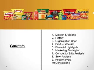 Contents:

1. Mission & Visions
2. History
3. Organization Chart
4. Products Details
5. Financial Highlights
6. Marketing Strategies
7. Competitor & its Analysis
8. Sowt Analysis
9. Pest Analysis
10.Conclusion's

 