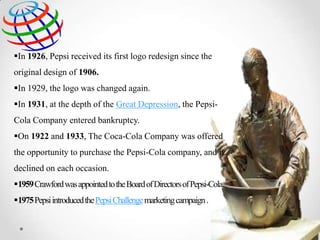 In 1926, Pepsi received its first logo redesign since the
original design of 1906.

In 1929, the logo was changed again.
In 1931, at the depth of the Great Depression, the PepsiCola Company entered bankruptcy.
On 1922 and 1933, The Coca-Cola Company was offered
the opportunity to purchase the Pepsi-Cola company, and it
declined on each occasion.
1959 Crawford was appointed to the Board of Directors of Pepsi-Cola.
1975 Pepsi introduced the Pepsi Challenge marketing campaign .

 