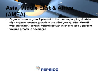 Asia, Middle East & Africa
(AMEA)
• Organic revenue grew 7 percent in the quarter, lapping double-
digit organic revenue growth in the prior-year quarter. Growth
was driven by 7 percent volume growth in snacks and 2 percent
volume growth in beverages.
 
