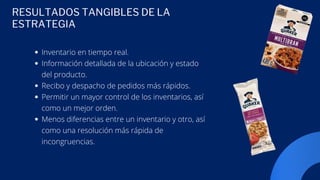 Inventario en tiempo real.
Información detallada de la ubicación y estado
del producto.
Recibo y despacho de pedidos más rápidos.
Permitir un mayor control de los inventarios, así
como un mejor orden.
Menos diferencias entre un inventario y otro, así
como una resolución más rápida de
incongruencias.
RESULTADOS TANGIBLES DE LA
ESTRATEGIA
 