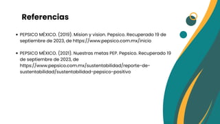 Referencias
PEPSICO MÉXICO. (2019). Mision y vision. Pepsico. Recuperado 19 de
septiembre de 2023, de https://www.pepsico.com.mx/inicio
PEPSICO MÉXICO. (2021). Nuestras metas PEP. Pepsico. Recuperado 19
de septiembre de 2023, de
https://www.pepsico.com.mx/sustentabilidad/reporte-de-
sustentabilidad/sustentabilidad-pepsico-positivo
 