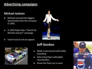 Michael Jackson
 Michael received the biggest
sponsorship from the company
in 1993.
 In 1993 Pepsi had a “Search for
Michael Jackson” campaign.
 Used musical and sex appeal.
Advertising campaigns
Jeff Gordon
 Made a commercial with Hallie
Eisenberg
 Sells many Pepsi collectable
merchandise.
 Drove the Pepsi car in races
 
