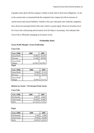 PepsiCo & Coca Cola Financial Analysis 12
Liquidity ratios deal with the company’s ability to deal with its short term obligations. As far
as the current ratio is concerned both the companies have improved with an increase in
current assets and current liabilities. Similar is the case with quick ratio ,both the companies
have shown an increased trend in this ratio which is a good signal. However inventory level
for Coca Cola is decreasing and inventory level for Pepsi is increasing , this indicates that
Coca Cola is efficiently managing its inventory levels.
Profitability Ratio
Gross Profit Margin= Gross Profit/Sales
Coca Cola
Year (‘000) 2008 2009
Gross Profit 19,902 20,570
Revenue 31,944 30,990
Gross Profit
Margin 62.30% 66.38%
Pepsi
Year (‘000) 2008 2009
Gross Profit 22,900 23,133
Revenue 43,251 43,232
Gross Profit
Margin 52.95% 53.51%
Return on Assets = Net income/Total Assets
Coca Cola
Year (‘000) 2008 2009
Net Income 5,807 6,824
Total Assets 35,994 39,848
ROA 16.13% 17.13%
Pepsi
Year (‘000) 2008 2009
Net Income 5,142 5,946
Total Assets 35,994 39,848
ROA 14.29% 14.92%
 