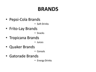 BRANDS
• Pepsi-Cola Brands
• Soft Drinks

• Frito-Lay Brands
• Snacks

• Tropicana Brands
• Juices

• Quaker Brands
• Cereals

• Gatorade Brands
• Energy Drinks

 