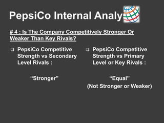 PepsiCo Internal Analysis
# 4 : Is The Company Competitively Stronger Or
Weaker Than Key Rivals?
 PepsiCo Competitive
Strength vs Secondary
Level Rivals :
“Stronger”
 PepsiCo Competitive
Strength vs Primary
Level or Key Rivals :
“Equal”
(Not Stronger or Weaker)
 