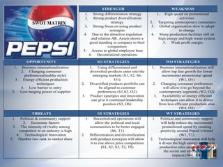 STRENGTH                                   WEAKNESS
                                          1. Strong differentiation strategy          1. High spend on promotional
                                          2. Strong product diversification                         activities
                                                          strategy                 2. Targeting contemporary consumers
                                          3. Strong focus on using product          3. Global organization slow to adopt
                                                         synergies                                 to change
                                         4. Due to the attractive regulation        4. Many production facilities still on
         SWOT MATRIX                         and relation AR. Assets shows a           high energy and high waste system
                                            good standing in company to their             5. Weak profit margin
                                                        competitors
                                         5. Access to global employee base
                                            6. Decentralized operations

         OPPORTUNITY                             SO STRATEGIES                              WO STRATEGIES
  1.  Business internationalization          1. Using differentiated and           1.   Business internationalization will
      2. Changing consumer                   diversified products enter into the          allow top line growth for lower
        preferences(healthy style)             emerging markets (S1, S2, S6,              incremental promotional spend
   3. Energy efficient production                            O1)                                     (W1, O1)
               techniques               2.   Diversified products portfolio can     2. Changing consumer preferences
      4. Low barrier to entry                      be aligned to customer                  will allow it to go beyond the
 5. Low barging power of supplier                 preferences (S1,S2, O2)              contemporary segments (W2, O2)
                                        3.   Product synergies and innovation       3. Availability of energy efficient
                                              can give it continued leadership           techniques can allow it to divest
                                                      position (S3, O6)                from less efficient production sites
                                                                                                     (W4, O3)
            THREATS                               ST STRATEGIES                              WT STRATEGIES
 1. Political & community support         1. Decentralized operations will          1. Political and community support
      2. Economic factors                       allow the political and local            will help reduce the incremental
 3. The intensity of rivalry among          communities to be better engaged              promotional spend by creating
    competitor in an industry is high                     (S6, T1)                       positivity around PepsiCo brand
   4. Technological Innovation          2. Differentiation and diversification                       (W1, T1)
5. Number two rank in market share          with product synergies will allow      2. Technological innovation will help
                                            it to rise above price competition         it divest the high energy and waste
                                                    (S1, S2, S3, T2, T5)                production sites and also improve
                                                                                           the social and environmental
                                                                                                impacts (W4, T4)
 