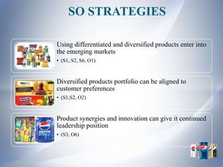 SO STRATEGIES

Using differentiated and diversified products enter into
the emerging markets
• (S1, S2, S6, O1)



Diversified products portfolio can be aligned to
customer preferences
• (S1,S2, O2)



Product synergies and innovation can give it continued
leadership position
• (S3, O6)
 