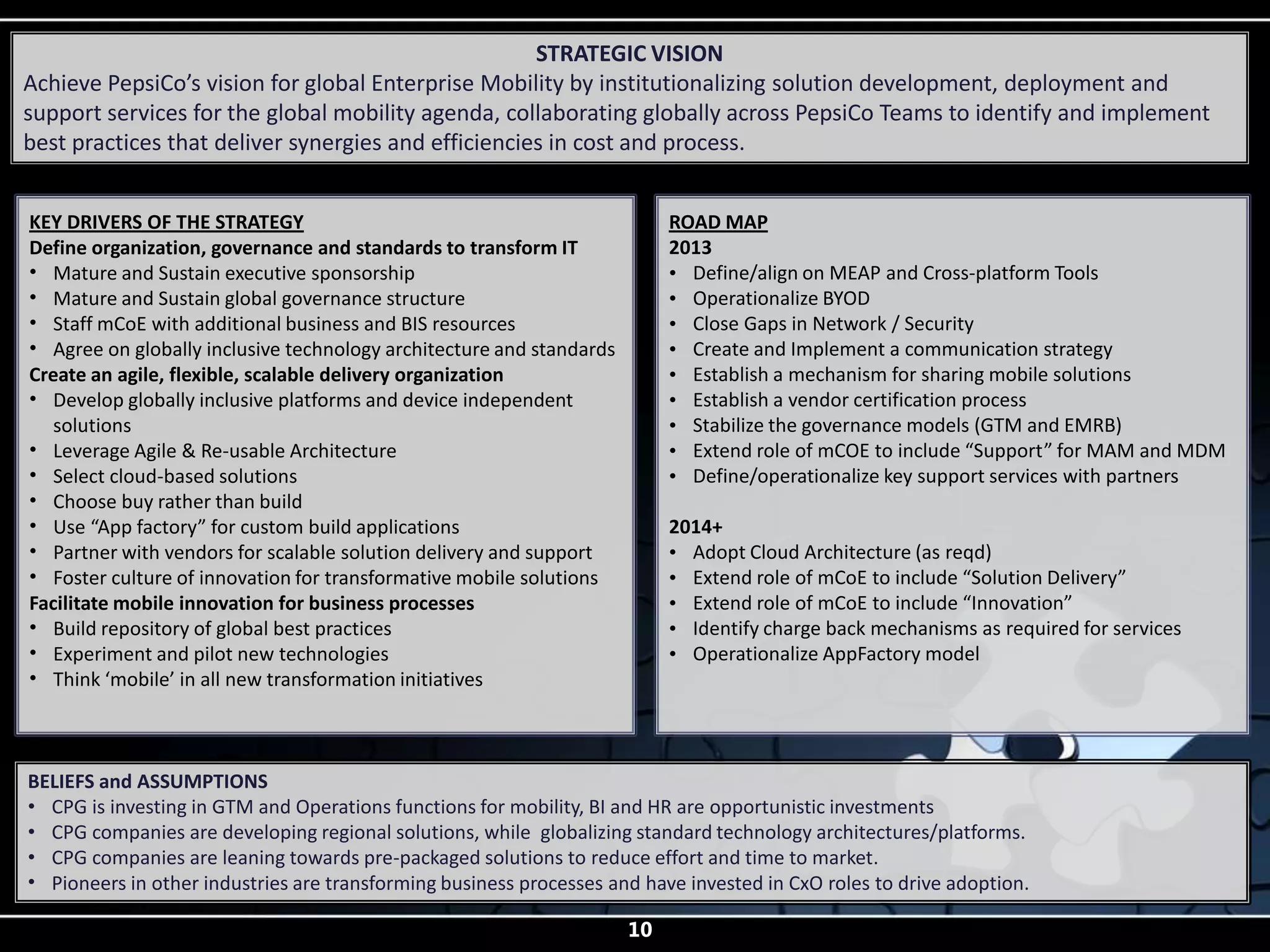 STRATEGIC VISION
Achieve PepsiCo’s vision for global Enterprise Mobility by institutionalizing solution development, deployment and
support services for the global mobility agenda, collaborating globally across PepsiCo Teams to identify and implement
best practices that deliver synergies and efficiencies in cost and process.


KEY DRIVERS OF THE STRATEGY                                                ROAD MAP
Define organization, governance and standards to transform IT              2013
• Mature and Sustain executive sponsorship                                 • Define/align on MEAP and Cross-platform Tools
• Mature and Sustain global governance structure                           • Operationalize BYOD
• Staff mCoE with additional business and BIS resources                    • Close Gaps in Network / Security
• Agree on globally inclusive technology architecture and standards        • Create and Implement a communication strategy
Create an agile, flexible, scalable delivery organization                  • Establish a mechanism for sharing mobile solutions
• Develop globally inclusive platforms and device independent              • Establish a vendor certification process
   solutions                                                               • Stabilize the governance models (GTM and EMRB)
• Leverage Agile & Re-usable Architecture                                  • Extend role of mCOE to include “Support” for MAM and MDM
• Select cloud-based solutions                                             • Define/operationalize key support services with partners
• Choose buy rather than build
• Use “App factory” for custom build applications                          2014+
• Partner with vendors for scalable solution delivery and support          • Adopt Cloud Architecture (as reqd)
• Foster culture of innovation for transformative mobile solutions         • Extend role of mCoE to include “Solution Delivery”
Facilitate mobile innovation for business processes                        • Extend role of mCoE to include “Innovation”
• Build repository of global best practices                                • Identify charge back mechanisms as required for services
• Experiment and pilot new technologies                                    • Operationalize AppFactory model
• Think ‘mobile’ in all new transformation initiatives



BELIEFS and ASSUMPTIONS
• CPG is investing in GTM and Operations functions for mobility, BI and HR are opportunistic investments
• CPG companies are developing regional solutions, while globalizing standard technology architectures/platforms.
• CPG companies are leaning towards pre-packaged solutions to reduce effort and time to market.
• Pioneers in other industries are transforming business processes and have invested in CxO roles to drive adoption.

                                                                      10
 