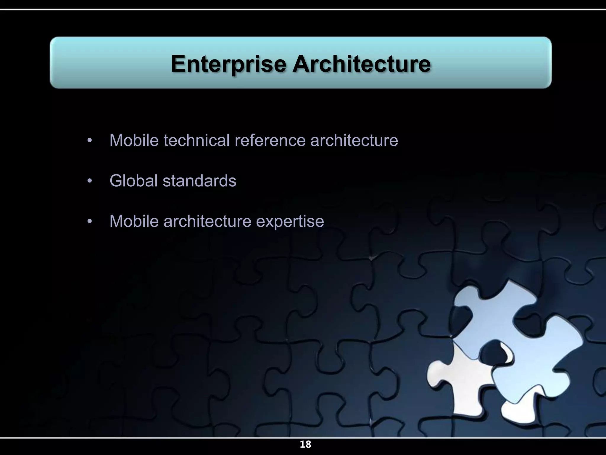 Enterprise Architecture


• Mobile technical reference architecture

• Global standards

• Mobile architecture expertise




                            18
 