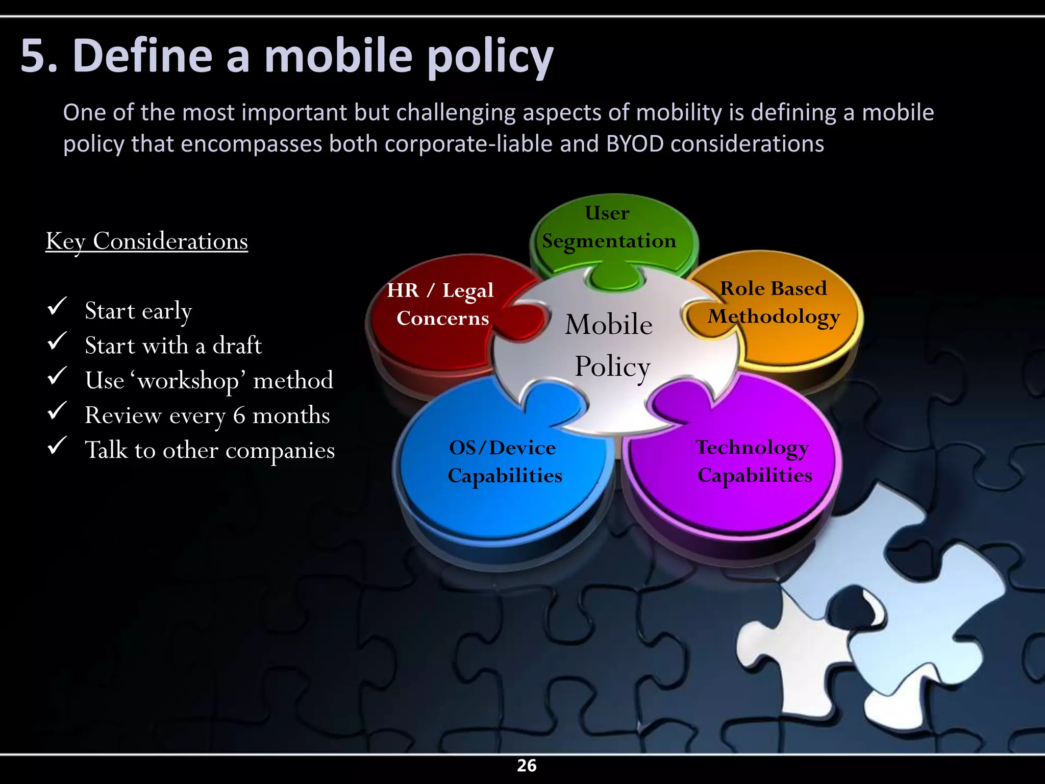 5. Define a mobile policy
  One of the most important but challenging aspects of mobility is defining a mobile
  policy that encompasses both corporate-liable and BYOD considerations

                                                     User
 Key Considerations                               Segmentation

                                HR / Legal                         Role Based
    Start early                                                  Methodology
                                 Concerns            Mobile
    Start with a draft
    Use ‘workshop’ method                           Policy
    Review every 6 months
    Talk to other companies          OS/Device                  Technology
                                      Capabilities               Capabilities




                                             26
 