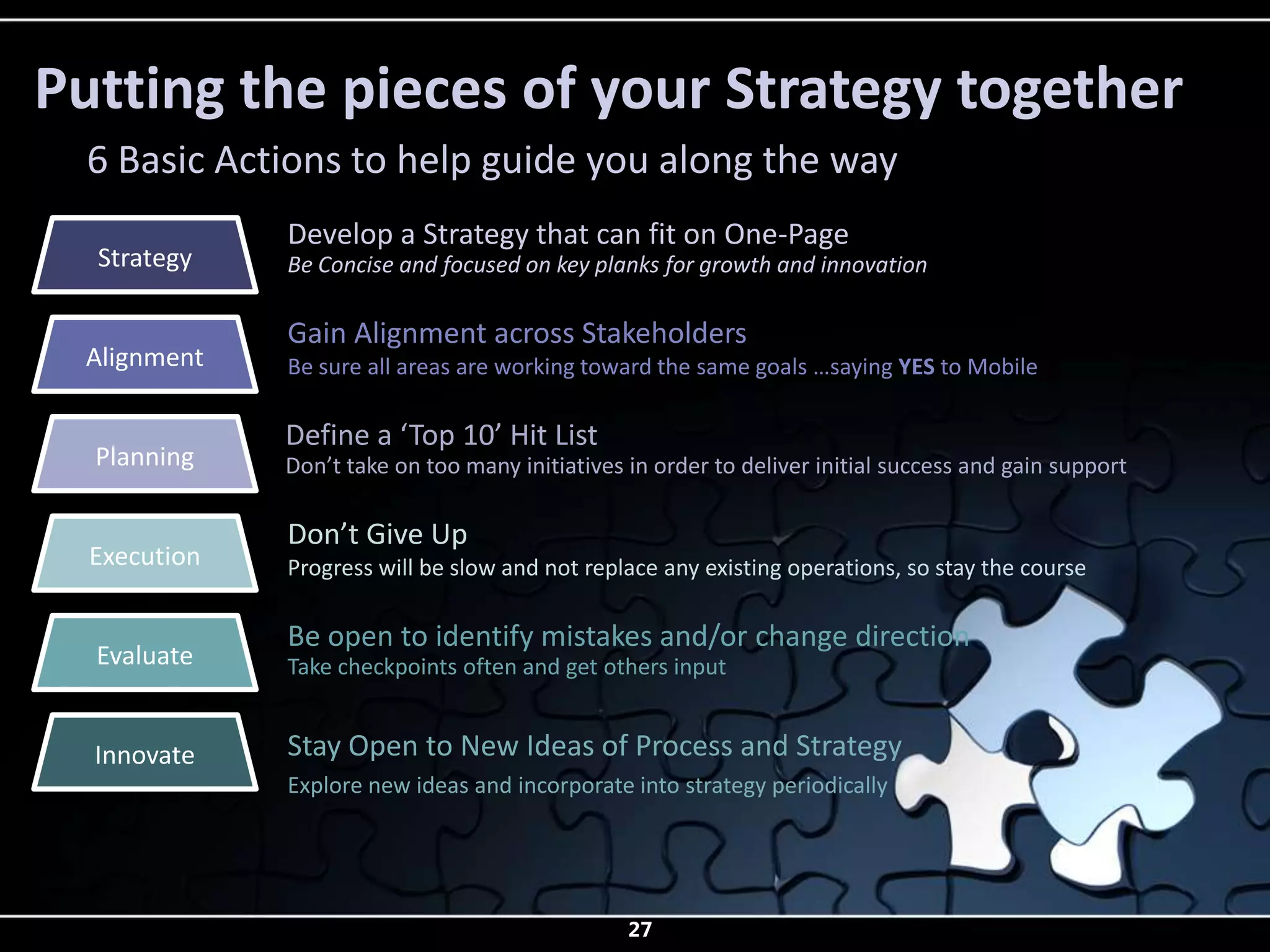 Putting the pieces of your Strategy together
  6 Basic Actions to help guide you along the way
              Develop a Strategy that can fit on One-Page
  Strategy    Be Concise and focused on key planks for growth and innovation

              Gain Alignment across Stakeholders
 Alignment    Be sure all areas are working toward the same goals …saying YES to Mobile

              Define a ‘Top 10’ Hit List
  Planning    Don’t take on too many initiatives in order to deliver initial success and gain support

              Don’t Give Up
  Execution   Progress will be slow and not replace any existing operations, so stay the course

              Be open to identify mistakes and/or change direction
  Evaluate    Take checkpoints often and get others input


  Innovate    Stay Open to New Ideas of Process and Strategy
              Explore new ideas and incorporate into strategy periodically




                                                 27
 