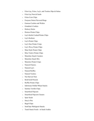 o Frito-Lay, Fritos, Lay's, and Tostitos Dips & Salsas
o Frito-Lay Nuts & Seeds
o Fritos Corn Chips
o Funyuns Onion Flavored Rings
o Gamesa Cookies and Wafers
o Grandma's Cookies
o Hickory Sticks
o Hostess Potato Chips
o Lay's Kettle Cooked Potato Chips
o Lay's Kurkure
o Lay's Potato Chips
o Lay's Stax Potato Crisps
o Lay's Wavy Potato Chips
o Maui Style Potato Chips
o Miss Vicky's Potato Chips
o Munchies Snack Crackers
o Munchies Snack Mix
o Munchos Potato Crisps
o Natural Cheetos
o Natural Lay's
o Natural Ruffles
o Natural Tostitos
o Nut Harvest Nuts
o Rold Gold Pretzels
o Ruffles Potato Chips
o Sabritones Puffed Wheat Snacks
o Santitas Tortille Chips
o Smartfood Popcorn
o Smartfood Popcorn Clusters
o Spitz Seeds
o Stacy's Pita
o Bagel Chips
o SunChips Multigrain Snacks
o Tasali Snack Foods - in Saudi Arabia
 