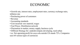 ECONOMIC
• Growth rate, interest rates, employment rates, currency exchange rates,
inflation rate
• Purchasing power of customers
• Revenue
• Accounting standards
• Cost incurred- raw material, wages
• Fuel Prices- Distribution network
• Fluctuation in market, money supply, business cycle
• Different Strategy for- underdeveloped, developing, rural-urban
• ex. Net operating profit for coca cola outside US stands 72%. Companies
uses 64 various types of currencies
 