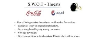 S.W.O.T - Threats
• Fear of losing market share due to rapid market fluctuations.
• Barriers of entry in international markets.
• Decreasing brand loyalty among consumers.
• New age beverages.
• Fierce competitors in local markets; Private labels at low prices.
 