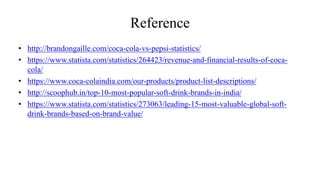 Reference
• http://brandongaille.com/coca-cola-vs-pepsi-statistics/
• https://www.statista.com/statistics/264423/revenue-and-financial-results-of-coca-
cola/
• https://www.coca-colaindia.com/our-products/product-list-descriptions/
• http://scoophub.in/top-10-most-popular-soft-drink-brands-in-india/
• https://www.statista.com/statistics/273063/leading-15-most-valuable-global-soft-
drink-brands-based-on-brand-value/
 