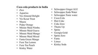 Coca cola products in India
• Zico
• Aquarius
• Vio Almond Delight
• Vio Kesar Treat
• Maaza
• Pulpy Orange
• Minute Maid Nimbu
• Minute Maid Guava
• Minute Maid Mango
• Minute Maid Mixed
• Fanta Green Mango
• Fuze Tea Lemon
• Fuze Tea Peach
• Kinley Water
• Schweppes Ginger ALE
• Schweppes Soda Water
• Schweppes Tonic water
• Coca-Cola
• Diet Coke
• Coke Zero
• Thums Up
• Sprite
• Georgia Gold
• Sprite Zero
• Fanta
• Limca
• Kinley Soda
 