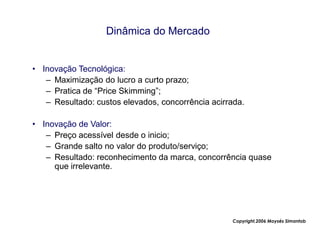 Dinâmica do Mercado


• Inovação Tecnológica:
   – Maximização do lucro a curto prazo;
   – Pratica de “Price Skimming”;
   – Resultado: custos elevados, concorrência acirrada.

• Inovação de Valor:
   – Preço acessível desde o inicio;
   – Grande salto no valor do produto/serviço;
   – Resultado: reconhecimento da marca, concorrência quase
     que irrelevante.




                                                   Copyright,2006 Moysés Simantob
 