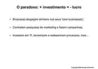 O paradoxo: + investimento = - lucro


• Empresas despejam dinheiro nos seus 'core businesses';

• Contratam pesquisas de marketing e fazem campanhas;

• Investem em TI, terceirizam e redesenham processos, mas...




                                              Copyright,2006 Moysés Simantob
 