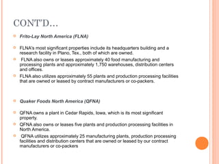 CONT’D…
   Frito-Lay North America (FLNA)

   FLNA's most significant properties include its headquarters building and a
    research facility in Plano, Tex., both of which are owned.
    FLNA also owns or leases approximately 40 food manufacturing and
    processing plants and approximately 1,750 warehouses, distribution centers
    and offices.
   FLNA also utilizes approximately 55 plants and production processing facilities
    that are owned or leased by contract manufacturers or co-packers.



   Quaker Foods North America (QFNA)

   QFNA owns a plant in Cedar Rapids, Iowa, which is its most significant
    property.
   QFNA also owns or leases five plants and production processing facilities in
    North America.
    QFNA utilizes approximately 25 manufacturing plants, production processing
    facilities and distribution centers that are owned or leased by our contract
    manufacturers or co-packers
 