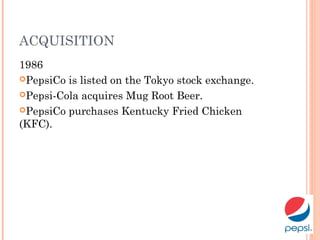 ACQUISITION
1986
PepsiCo is listed on the Tokyo stock exchange.
Pepsi-Cola acquires Mug Root Beer.
PepsiCo purchases Kentucky Fried Chicken
(KFC).
 