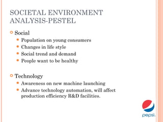 SOCIETAL ENVIRONMENT
ANALYSIS-PESTEL
 Social
 Population on young consumers
 Changes in life style
 Social trend and demand
 People want to be healthy
 Technology
 Awareness on new machine launching
 Advance technology automation, will affect
production efficiency R&D facilities.
 