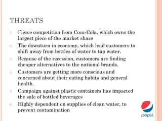 THREATS
1. Fierce competition from Coca-Cola, which owns the
largest piece of the market share
2. The downturn in economy, which lead customers to
shift away from bottles of water to tap water.
3. Because of the recession, customers are finding
cheaper alternatives to the national brands.
4. Customers are getting more conscious and
concerned about their eating habits and general
health.
5. Campaign against plastic containers has impacted
the sale of bottled beverages
6. Highly dependent on supplies of clean water, to
prevent contamination
 