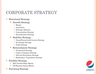 CORPORATE STRATEGY
 Directional Strategy
 Growth Strategy
 Merger
 Acquisition
 Strategic Alliances
 Concentration Strategy
 Diversification Strategy
 Stability Strategy
 Pause/Proceed with Caution Strategy
 No-Change Strategy
 Profit Strategy
 Retrenchment Strategy
 Turnaround Strategy
 Captive Company Strategy
 Sell-out/ Divestment Strategy
 Bankruptcy / Liquidation Strategy
 Portfolio Strategy
 BCG Growth Share Matrix
 GE Business Screen Matrix
 Parenting Strategy
 