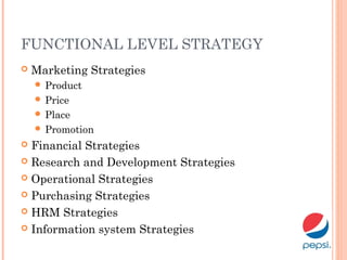 FUNCTIONAL LEVEL STRATEGY
 Marketing Strategies
 Product
 Price
 Place
 Promotion
 Financial Strategies
 Research and Development Strategies
 Operational Strategies
 Purchasing Strategies
 HRM Strategies
 Information system Strategies
 