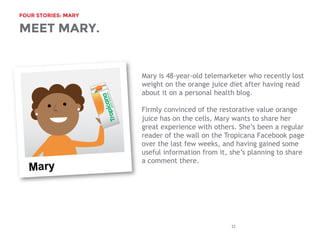 FOUR STORIES: MARY

33
MEET MARY.
Mary is 48-year-old telemarketer who recently lost
weight on the orange juice diet after having read
about it on a personal health blog.
Firmly convinced of the restorative value orange
juice has on the cells, Mary wants to share her
great experience with others. Shes been a regular
reader of the wall on the Tropicana Facebook page
over the last few weeks, and having gained some
useful information from it, shes planning to share
a comment there.
 