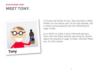 FOUR STORIES: TONY
19
MEET TONY.
A 32-year-old father of two, Tony has been a Pepsi
drinker for the better part of the past decade, but
a recent annual physical has him rethinking his
sugar intake.
In an effort to make a more informed decision,
Tony visits the Pepsi website searching for details
about the amount of sugar in Pepsiand Diet Pepsi
too, for that matter.
 