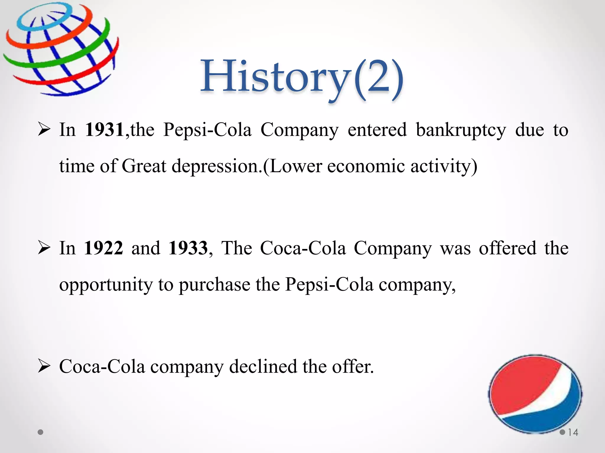 History(2)
 In 1931,the Pepsi-Cola Company entered bankruptcy due to
time of Great depression.(Lower economic activity)
 In 1922 and 1933, The Coca-Cola Company was offered the
opportunity to purchase the Pepsi-Cola company,
 Coca-Cola company declined the offer.
14
 