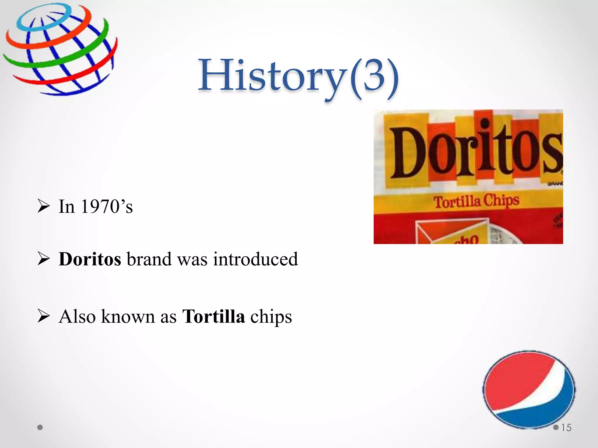 History(3)
 In 1970’s
 Doritos brand was introduced
 Also known as Tortilla chips
15
 