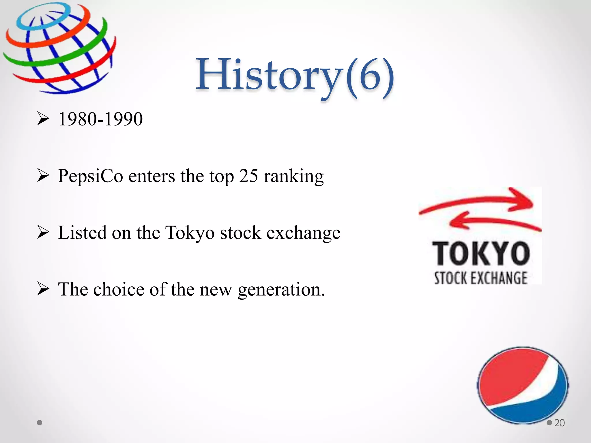 History(6)
 1980-1990
 PepsiCo enters the top 25 ranking
 Listed on the Tokyo stock exchange
 The choice of the new generation.
20
 
