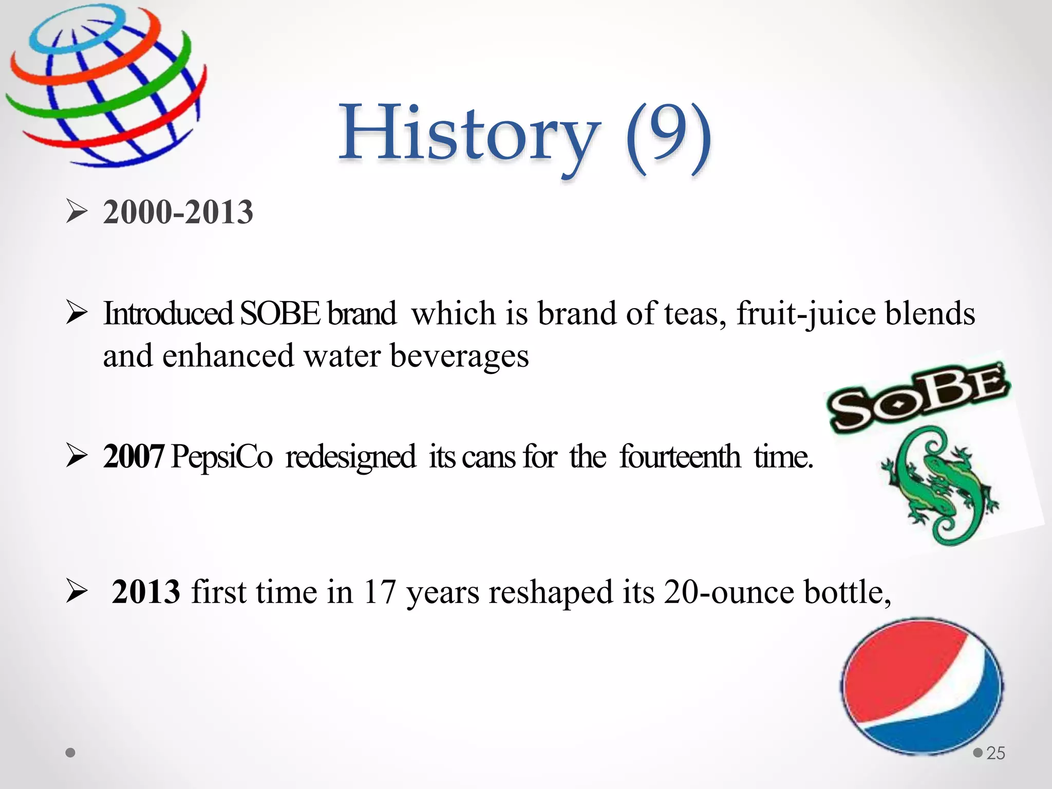 History (9)
 2000-2013
 IntroducedSOBEbrand which is brand of teas, fruit-juice blends
and enhanced water beverages
 2007PepsiCo redesigned itscansfor the fourteenth time.
 2013 first time in 17 years reshaped its 20-ounce bottle,
25
 