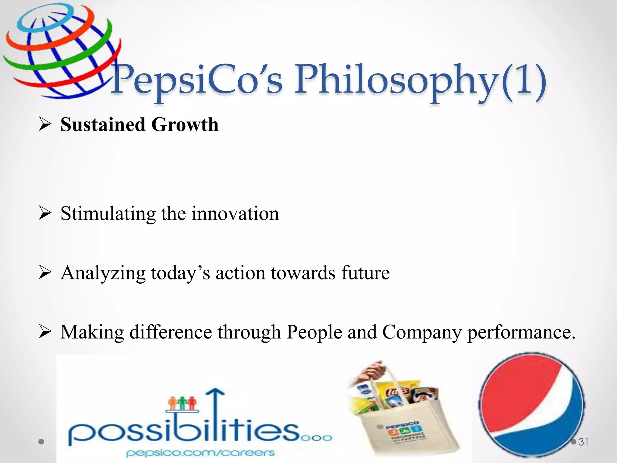 PepsiCo’s Philosophy(1)
 Sustained Growth
 Stimulating the innovation
 Analyzing today’s action towards future
 Making difference through People and Company performance.
31
 