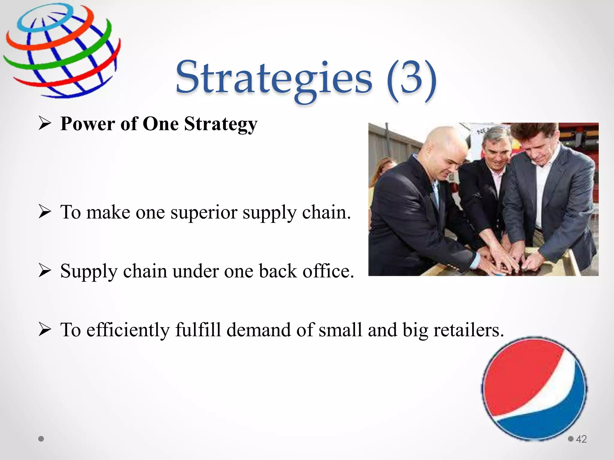 Strategies (3)
 Power of One Strategy
 To make one superior supply chain.
 Supply chain under one back office.
 To efficiently fulfill demand of small and big retailers.
42
 